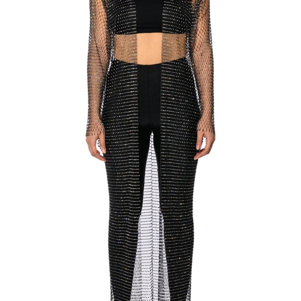 Akira Rhinestone Fishnet Long Open Front Jacket - Picture 2 of 12